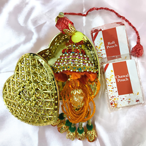 Golden Jari Work Handmade Multicolour Lumba Rakhi for Bhabhi Roli Chawal Pack Golden Jewellery Heart Shape Box