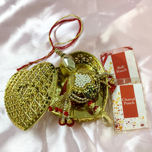 Golden Jari Work Handmade Multicolour Lumba Rakhi for Bhabhi Roli Chawal Pack Golden Jewellery Heart Shape Box