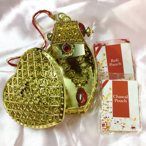 Golden Jari Work Handmade Multicolour Lumba Rakhi for Bhabhi Roli Chawal Pack Golden Jewellery Heart Shape Box
