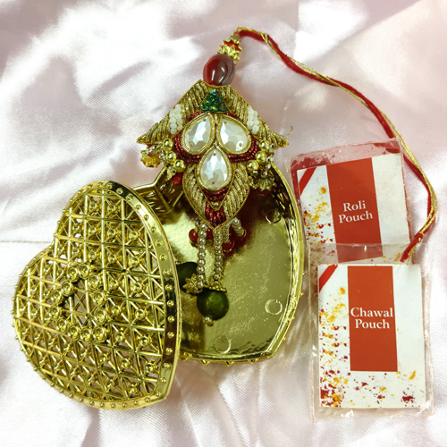 Golden Jari Work Handmade Multicolour Lumba Rakhi for Bhabhi Roli Chawal Pack Golden Jewellery Heart Shape Box