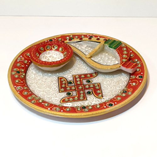 Marble Poojan Thali Set/Round Shape Decorated Shagoon Thali Set/Marble KUNDAN THALI/RAKSHA BANDHAN/BHAI DOOJ TIKA/Diwali POOJAN THALI
