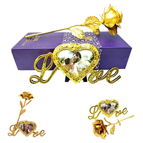 24k Golden Flower, Love Heart Photo Frame, Flower Holder and Message Card Combo of Artificial Flower